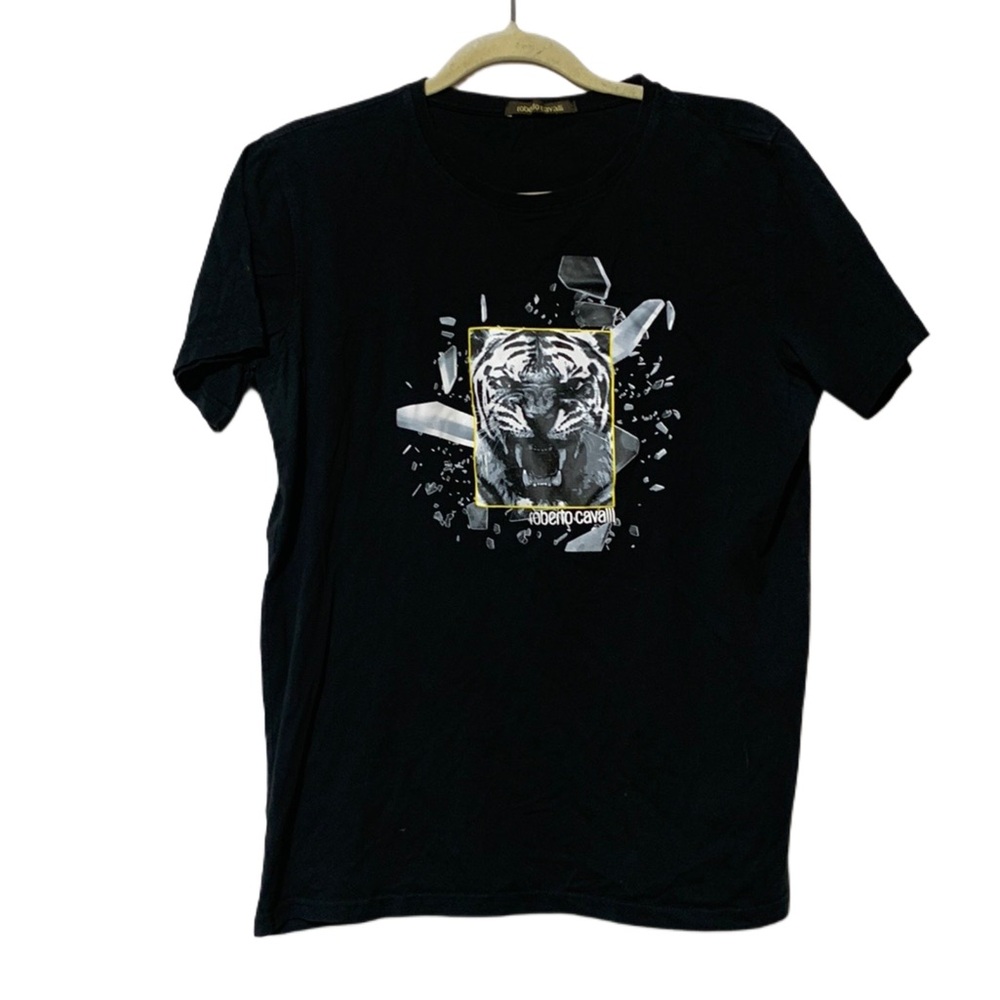 Roberto Cavalli Black Short Sleeve Tee with Tiger Graphic